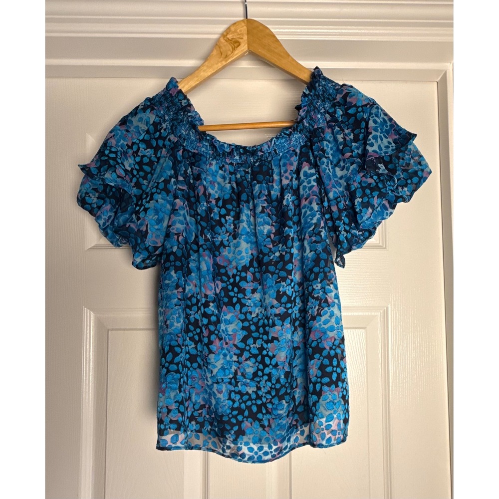Ramy Brook Floral Blouse Women XS Blue Devore Smocked Off Shoulder Ruffle Top